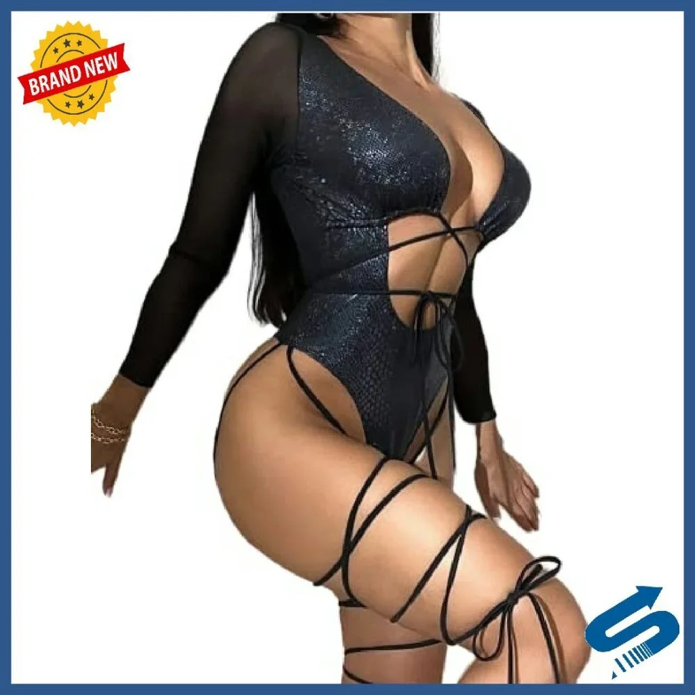 Sheer Long Sleeve Bodysuit with Front Buckle Cut Out Snakeskin Print - Picture 6 of 7